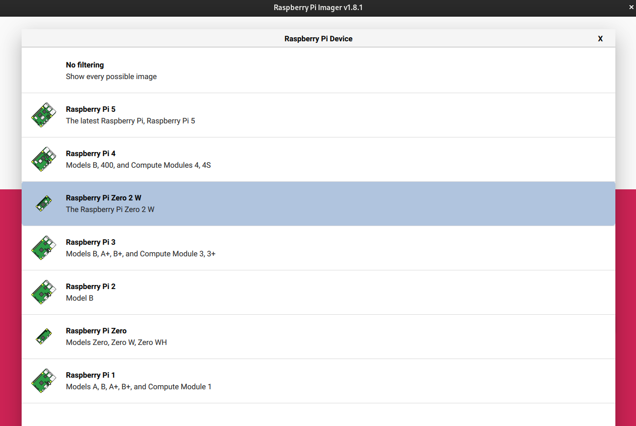 Raspberry Pi Zero 2W Selection in Raspberry Pi Imager
